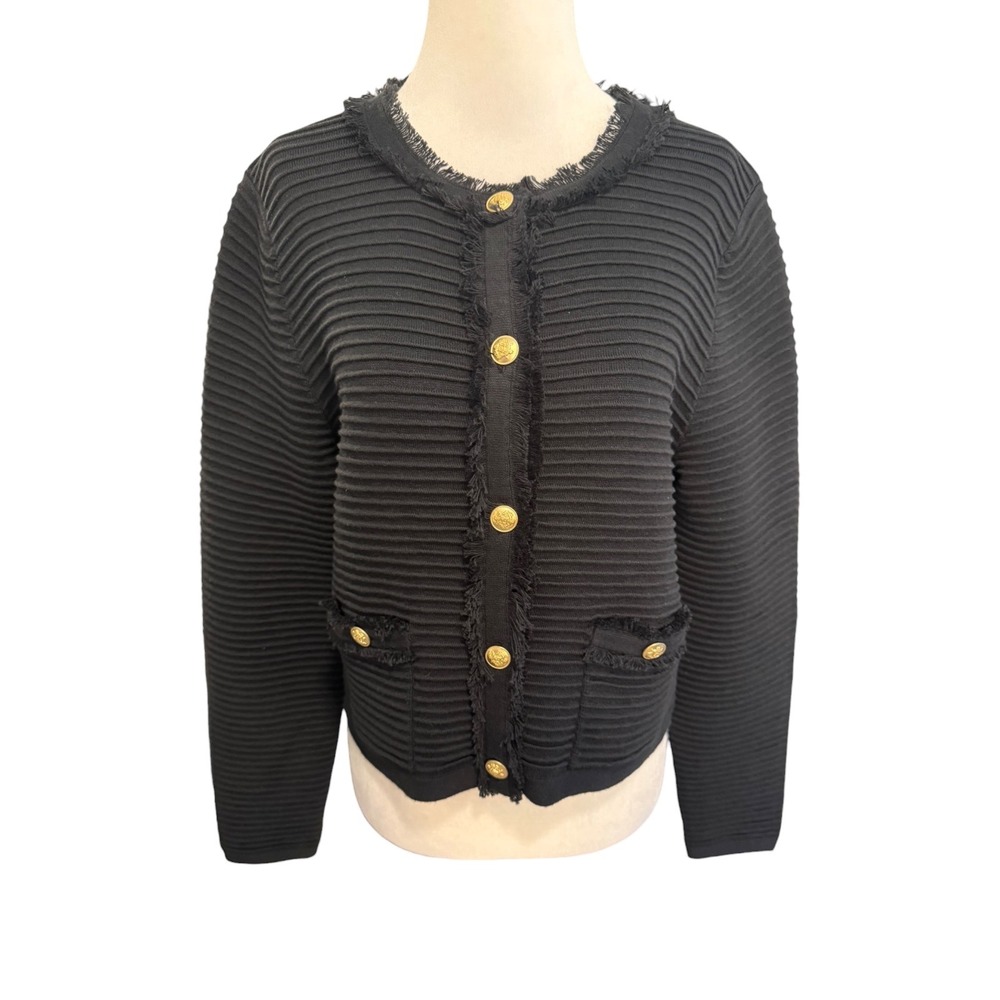J.Crew Emilie Sweater Lady Jacket Black Fringe Cardigan Gold Button BZ497 Size M